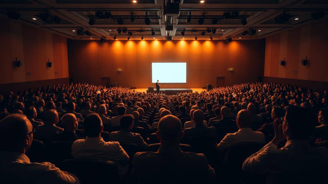 Delegates seated in a full auditorium facing a lit conference stage