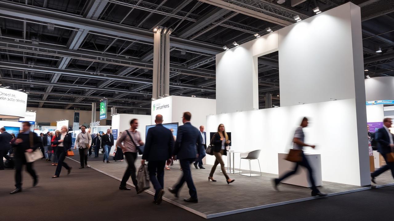 Modern minimal exhibition stand with visitors walking past in motion blur