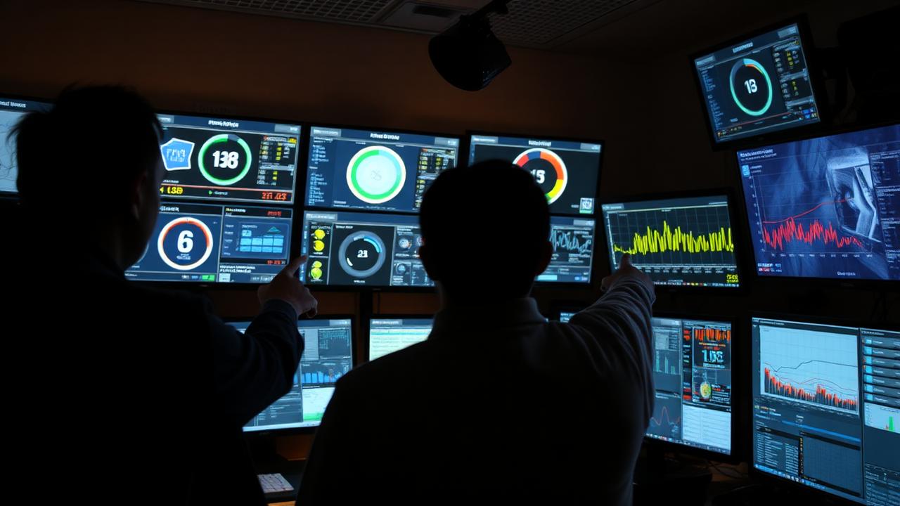Media operations room with performance dashboards on multiple screens