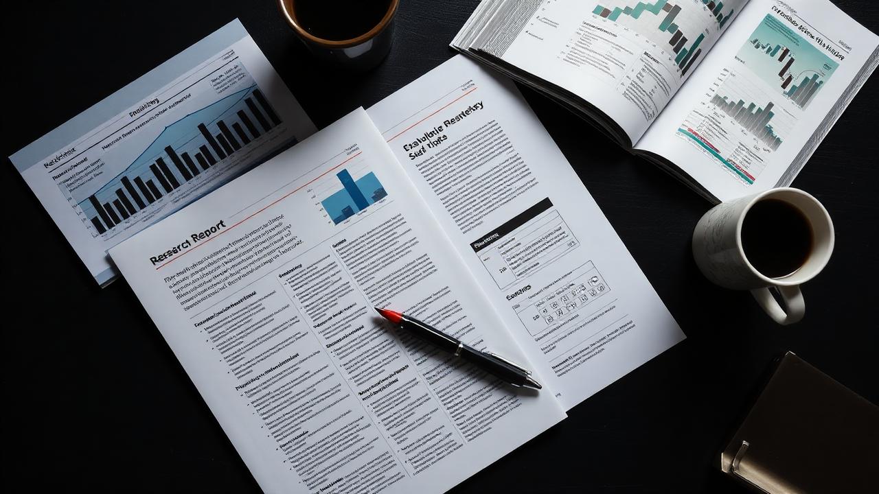 Printed research report and industry magazine spread with charts on a dark desk